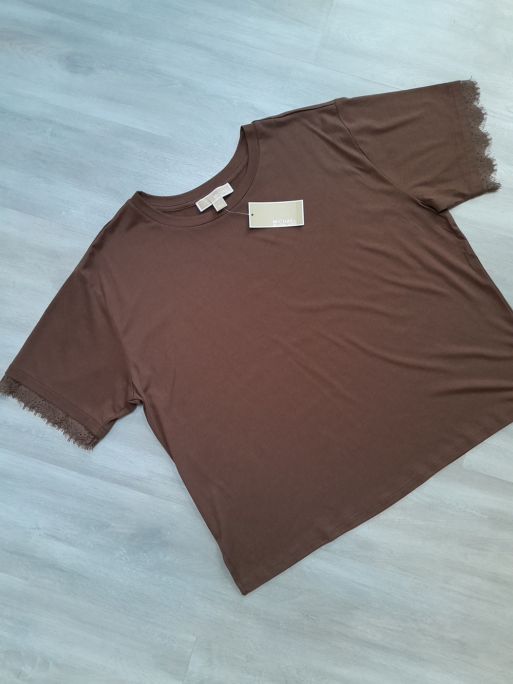 MICHAEL Michael Kors Chocolate Brown Short Sleeve Tee with Lace Trim